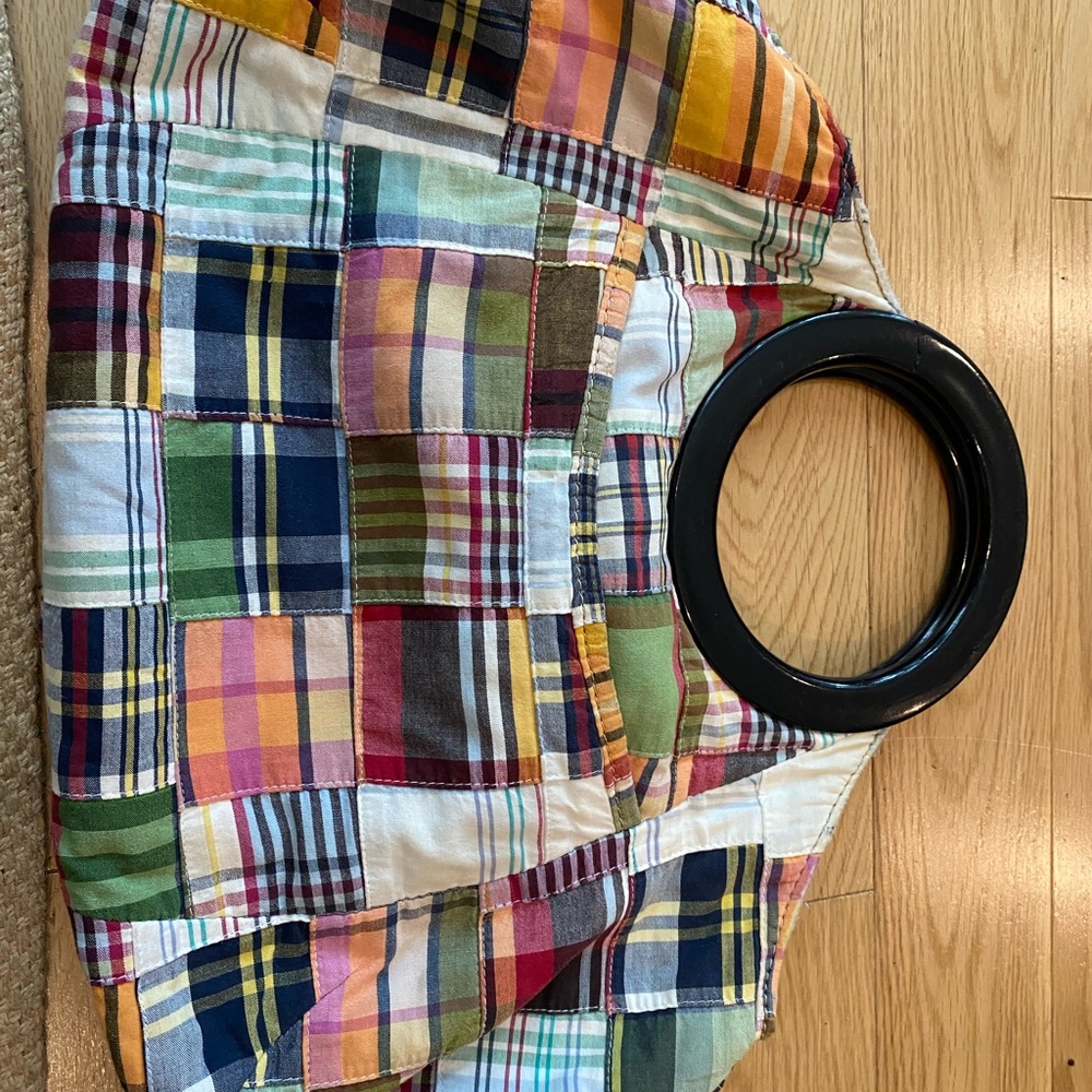 J Crew gingham bag with black circular handles
